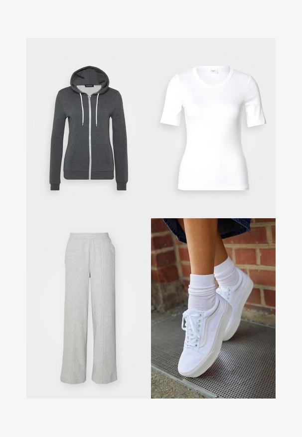 Hallitusest hall zip-up kapuutsiga, pehmest kangast, millel on valged nöörid ja kaks esist taskut. Sobivad mansetid ja ääred.; Valge lühikeste varrukatega T-särk, mis on valmistatud siledast puuvillast, ümar kaelusega ja keha järgiva lõikega. Klassikaline disain, ilma mustrite või aktsentideta.; Hallid hallid dressipüksid, mis on valmistatud pehmest kangast, laia jala disainiga, elastse vöökohtaga ja küljetaskutega. Lihtne ja juhuslik välimus.; Valged kanvas tennisikud kummitaldadega, kuue silmaga, ümmarguse varbaga ja kergete tikandite detailidega, koos valgete pahkluusokkidega.
