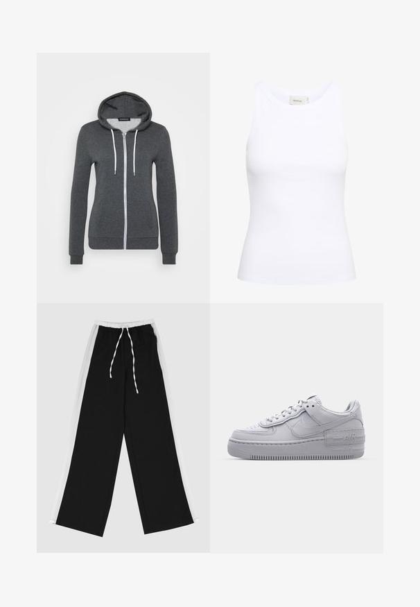 Sudadera gris con cremallera hecha de tela suave, con capucha, cordones blancos y dos bolsillos frontales. Puños y dobladillo ajustados.; Top sin mangas de canalé blanco con escote redondo. Tejido elástico y diseño ajustado. La etiqueta en la parte posterior dice "GESTUZ."; Pantalones de pierna ancha negros con una franja lateral blanca, cinturilla elástica y cordón. Fabricados con una tela suave y lisa para mayor comodidad.; Zapatilla Nike Air Force 1 gris con puntera perforada, parte superior de cuero suave, suela gruesa y detalle en relieve 'AIR' en el talón.
