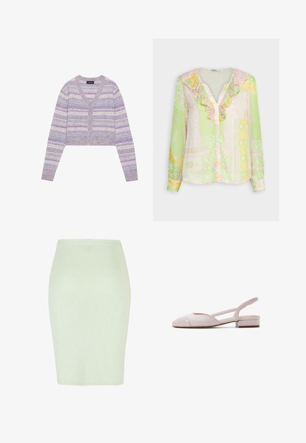 Afskåret lilla cardigan med V-hals, knaplukning og flerfarvede geometriske mønstre på ærmerne og kroppen. Blød tekstur.; ONLY ONLSTELLA FRILL - Bluse - kiwi; Strikad blyantskjørt i lys mintgrøn med lodret ribbet struktur, tætsiddende form og en glat talje. Ideelt til både afslappet og formel brug.; Dameslingbacksko med lav hæl i lyserød med vævet tekstur, spids tå og lille blokhæl.