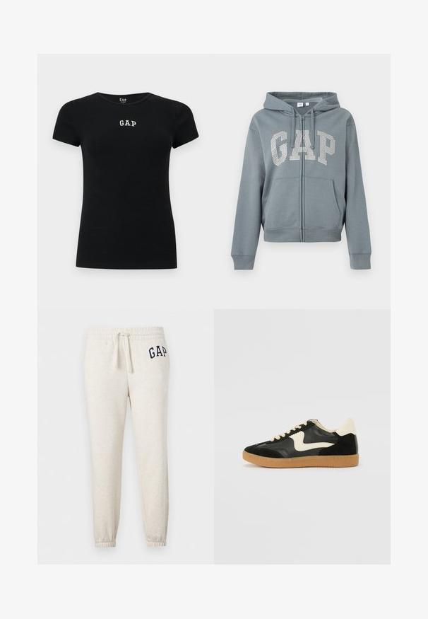 Sweat à capuche gris zippé avec poches avant et capuche, arborant le mot "GAP" en grandes strass blancs sur la poitrine.; T-shirt noir ajusté à manches courtes avec le texte blanc "GAP" centré sur la poitrine et un col rond.; Pantalon de jogging écru avec ceinture et poignets élastiques, cordon réglable, et logo "GAP" bleu marine sur le haut de la cuisse gauche.; Baskets en daim et cuir noir avec un swoosh latéral crème et un talon crème clair. Dotées de lacets beige et d'une semelle en caoutchouc gomme.