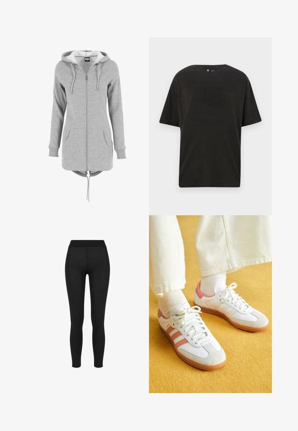 Grå zip-up hoodie med en stor hætte, snører, forlommer og en buet kant. Lavet af blød, tekstureret stof med en kontrasterende inderside.; Sort bomulds T-shirt med rund halsudskæring, korte ærmer og en afslappet pasform. Har en glat tekstur og minimalistisk design.; Sorte leggings i glat stof, med høj talje, tætsiddende design og uden synlige sømme, velegnet til afslappet eller aktivt brug.; Hvide sportsko med lyserøde accenter, lavet af ruskind og læder, rund tå og gummisål, vist med lyse sokker på en gul baggrund.