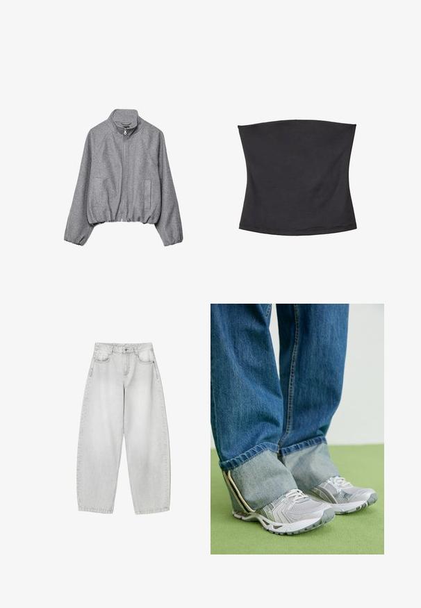Grå cropped sweatshirt lavet af blødt stof, med høj krave, forreste lynlås, to sidelommer og elastisk kant.; Sort tube top lavet af blødt, elastisk stof. Glat tekstur med elastikbånd i både top- og bundkant for en sikker pasform. Ingen mønster.; Lysegrå vide jeans lavet af denim, med frontlommer, en knaplukning i taljen og en let falmet finish.; Grå atletiske sko med mesh-materiale og hvide accenter, parret med blå denimjeans, der er opkrøllet ved anklerne.