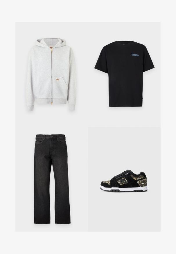 Sudadera con capucha gris claro con cremallera dorada, bolsillos delanteros y una pequeña etiqueta rectangular con el logo en el bolsillo izquierdo y en el interior del cuello.; Camiseta negra de algodón con mangas cortas y cuello redondo. Presenta el logotipo "Dickies" bordado en azul en el área del pecho izquierdo.; Vaqueros negros de mezclilla con un corte recto, con cierre de botones, trabillas para cinturón y cinco bolsillos. La tela tiene un acabado suave con una textura ligera.; Zapatilla de ante negra con patrón de camuflaje en el lateral, media suela blanca y suela exterior de goma negra. Presenta cordones y detalle del logo en el lateral.