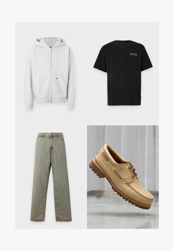 Sweat à capuche gris clair à fermeture éclair dorée, avec poches avant et petit patch logo rectangulaire sur la poche gauche et à l'intérieur du col.; T-shirt en coton noir à manches courtes et col rond. Présente un logo "Dickies" bleu brodé sur la zone gauche de la poitrine.; Jean en denim à jambes larges de couleur gris délavé, avec une fermeture à boutons et un design traditionnel à cinq poches avec des détails de couture visibles.; Chaussure bateau en cuir marron clair avec semelle épaisse et striée et détails de lacets, flottant au-dessus d'un sol en marbre et d'un fond de stores verticaux blancs.