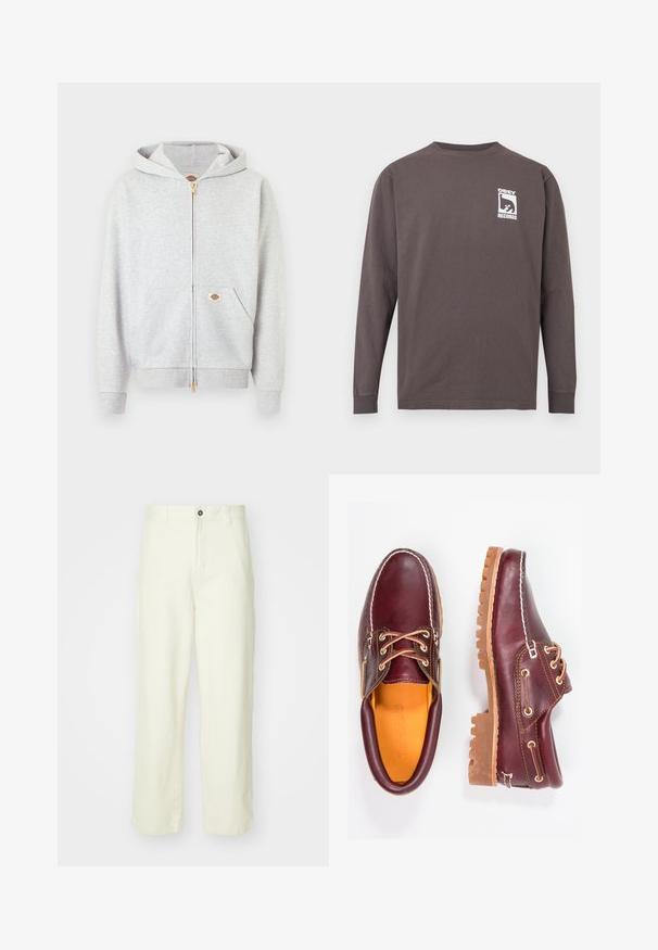 Helehall zip-up dressipluus kuldse luku, ees taskute ning vasaku tasku ja kaela sisemise osa väikese ristküliku kujulise logoga.; Tumehall triiksärk pikkade varrukatega, valge "OBEY RECORDS" logoga ja stiliseeritud näo graafikuga vasakul rinnal.; Heledad kollased puuvillased püksid sirge lõikega, millel on ees nööpidega sulgus, vööpaelad ja puhas, minimalistlik disain.; Burgundia nahkkingad pruunide kummitaldadega, ümmarguse varbaga, valge tikandi ja kuldsete silmadega. Siseosa on kollase voodriga.