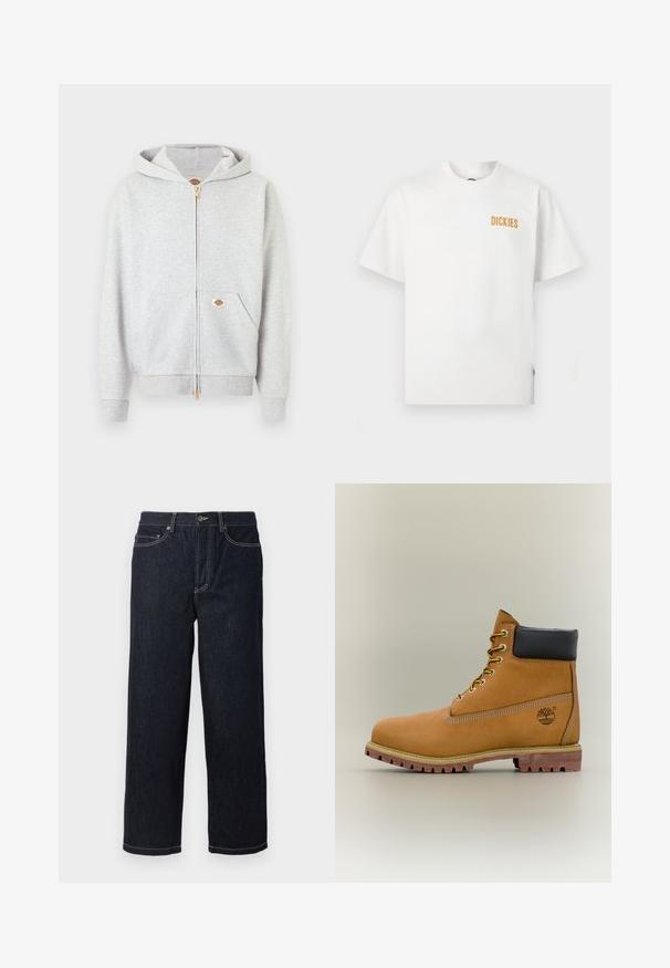Hellgrauer Kapuzenpullover mit Reißverschluss in Gold, Fronttaschen und kleinem rechteckigem Logo-Patch auf der linken Tasche und im Nackenbereich innen.; Weißes T-Shirt mit kurzen Ärmeln und Rundhalsausschnitt, mit kleinem orangefarbenem "DICKIES"-Logo auf der oberen linken Brustseite.; Dunkelblaue gerade geschnittene Jeans aus Denim mit fünf Taschen und weißen Kontrastnähten, Knopfverschluss und Gürtelschlaufen.; Brauner Leder-Stiefelette mit schwarzem Kragen, gelben Schnürsenkeln und hellbrauner Sohle. Verfügt über ein Logo und weiße Ziernähe. Robuste Profilsohle.