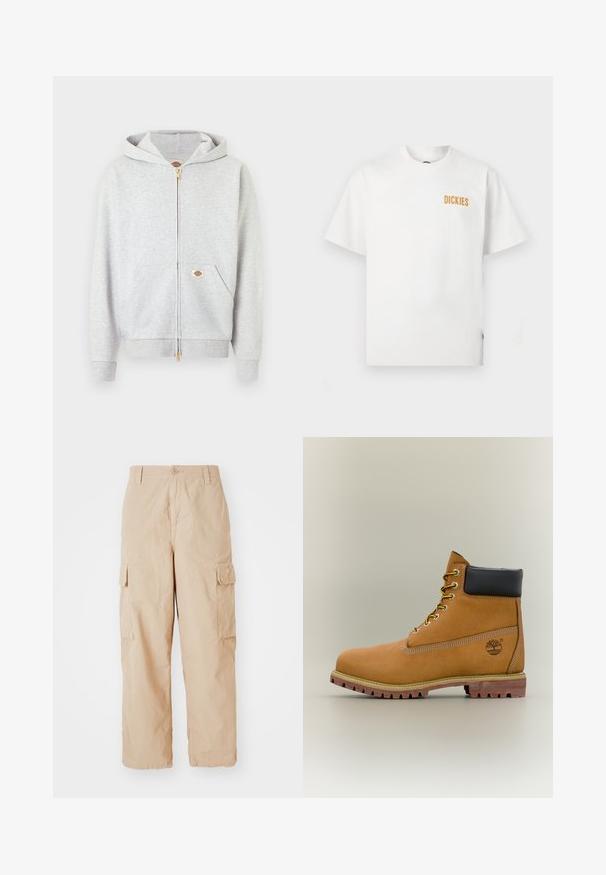Sudadera con capucha gris claro con cremallera dorada, bolsillos delanteros y una pequeña etiqueta rectangular con el logo en el bolsillo izquierdo y en el interior del cuello.; Camiseta blanca de manga corta con cuello redondo y pequeño logo naranja "DICKIES" en la parte superior del lado izquierdo del pecho.; Pantalones cargo beige con un corte relajado, hechos de una tela ligera, que cuentan con dos bolsillos laterales de carga y un cierre de botón en la cintura.; Bota de tobillo de cuero marrón con cuello negro, cordones amarillos y suela beige. Presenta un logotipo y detalles de costura blanca. Suela exterior con tracción robusta.