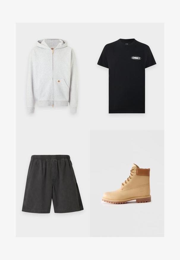 Hellgrauer Kapuzenpullover mit Reißverschluss in Gold, Fronttaschen und kleinem rechteckigem Logo-Patch auf der linken Tasche und im Nackenbereich innen.; Schwarzes T-Shirt mit kurzen Ärmeln und Rundhalsausschnitt, mit kleinem weißem "OBEY"-Logo auf der linken Brust, vor einfachem hellem Hintergrund dargestellt.; Schwarze, knielange Shorts aus Baumwolle mit elastischem Bund und seitlichen Taschen, mit einfachem, einfarbigem Design ohne Muster.; Hellbraune Leder-Ankle-Boots mit gepolstertem Kragen, goldenen Ösen, braunen Schnürsenkeln und dicker Profilsohle auf hellem, einfarbigem Hintergrund.