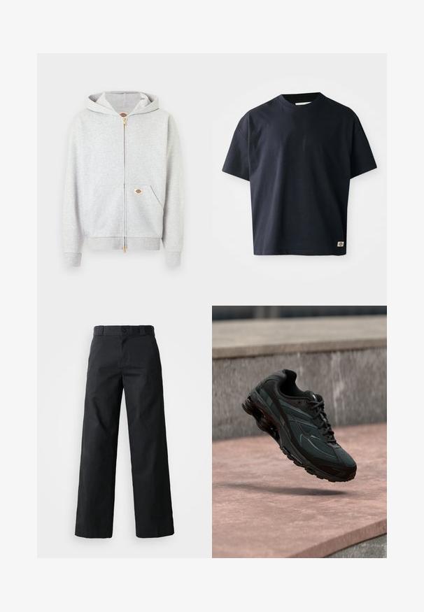 Hellgrauer Kapuzenpullover mit Reißverschluss in Gold, Fronttaschen und kleinem rechteckigem Logo-Patch auf der linken Tasche und im Nackenbereich innen.; Navy-blaues T-Shirt mit kurzen Ärmeln und Rundhalsausschnitt, mit einem kleinen rechteckigen Markenlogo nahe dem unteren Saum auf der Vorderseite rechts.; Schwarze weit geschnittene Baumwollhose. Verfügt über einen Knopfverschluss, Gürtelschlaufen und Seitentaschen. Glatte Textur mit tailliertem Schnitt.; Schwarzer athletischer Sneaker mit sichtbarer Air-Cushioning-Zwischensohle, der über einer rosa Steinoberfläche mit grauer Steinmauer im Hintergrund schwebt.