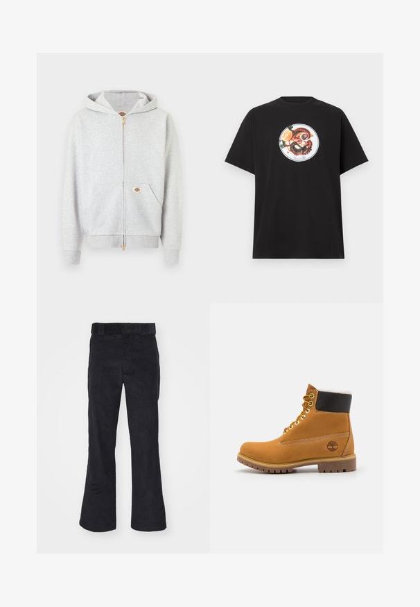 Lysegrå hættetrøje med lynlås, guld lynlås, frontlommer og lille rektangulært logo på den venstre lomme og indersiden af halsen.; Sort bomulds t-shirt med en rund grafik af en blæksprutte og citrusfrugter med grønne accenter. Kortærmet og løs pasform.; Sorte kordfløjl bukser med en afslappet pasform, der har en klassisk talje og flagrende ben, blød tekstur og uden synlige mønstre eller detaljer.; Brune læder ankelstøvle med metaløjer, hvid pelsforing, sort polstret krave, robust sål og præget logo på siden.