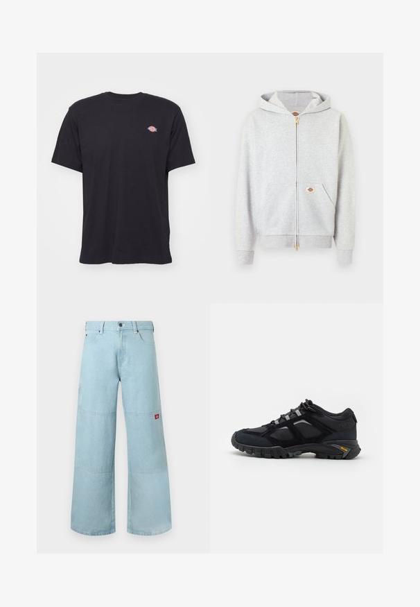 Sweat à capuche gris clair à fermeture éclair dorée, avec poches avant et petit patch logo rectangulaire sur la poche gauche et à l'intérieur du col.; T-shirt noir à manches courtes et col rond avec un petit logo Dickies coloré sur la poitrine gauche, sur un fond uni.; Jean large bleu clair en denim avec des patches contrastants. Il présente une fermeture à boutons à l'avant et un petit patch logo sur la poche latérale.; Chaussure extérieure noire en daim et en maille avec une semelle robuste. Présente des accents gris et une marque Vibram sur le côté. Design à lacets.
