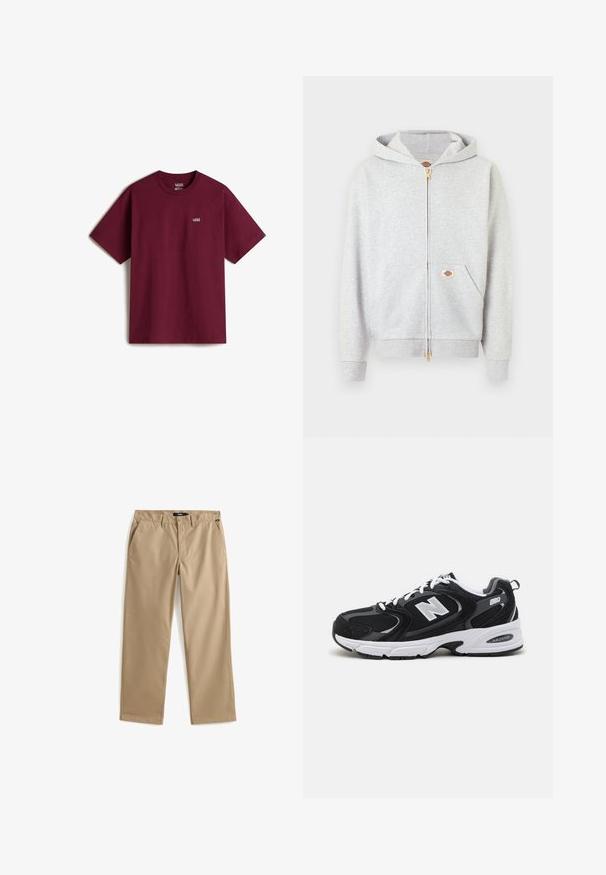 Sudadera con capucha gris claro con cremallera dorada, bolsillos delanteros y una pequeña etiqueta rectangular con el logo en el bolsillo izquierdo y en el interior del cuello.; Camiseta de algodón marrón con mangas cortas, escote redondo y pequeño logo blanco de Vans en el pecho izquierdo. Textura suave, corte holgado.; Pantalones beige de pierna recta con cierre de botón y cremallera, trabillas para cinturón y bolsillos laterales, colocados planos sobre un fondo blanco.; Zapatillas deportivas en negro y gris con parte superior de malla y ante, que cuentan con una entresuela blanca, cordones y un llamativo logo "N" en el lateral.