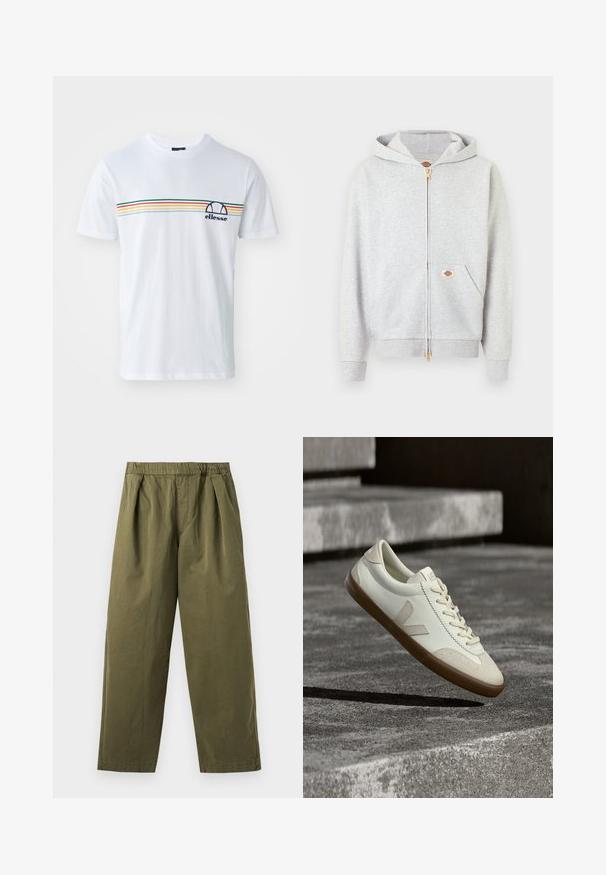 Lichtgrijze zip-up hoodie met gouden ritssluiting, zakken aan de voorkant en een kleine rechthoekige logo patch op de linker zak en aan de binnenkant van de nek.; Witte katoenen T-shirt met korte mouwen, gekenmerkt door een horizontaal streepjespatroon in rood, groen, geel en blauw, plus een marineblauw logo op de borst.; Olijfgroene broek met wijde pijpen, een elastische tailleband en plooien aan de voorkant, getoond tegen een lichte achtergrond.; Witte leren sneakers met een bruine rubberen zool, platte veters en een V-vormig accent aan de zijkant. Ze hebben een glad oppervlak en minimale stikdetails.