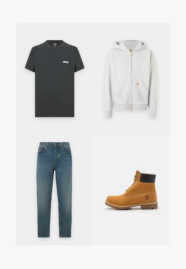 Sudadera con capucha gris claro con cremallera dorada, bolsillos delanteros y una pequeña etiqueta rectangular con el logo en el bolsillo izquierdo y en el interior del cuello.; Camiseta de algodón negra con mangas cortas, cuello redondo y logo "obey" en blanco en el lado izquierdo del pecho. Textura suave, diseño de corte regular.; Pantalones vaqueros azules de mezclilla con un diseño de pierna recta, textura deslavada, estilo de cinco bolsillos y cierre de botón metálico en la cintura.; Botín de cuero marrón con ojales de metal, forro de piel sintética blanca, cuello acolchado negro, suela resistente y logotipo en relieve en el costado.