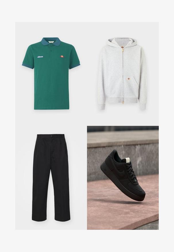 Helehall zip-up dressipluus kuldse luku, ees taskute ning vasaku tasku ja kaela sisemise osa väikese ristküliku kujulise logoga.; Roheline polo särk, mis on valmistatud puuvillast, kontrastse sinise krae ja mansettidega. Omab broderitud logosid ja väikest värvilist kujundust rinnal.; Mustadest puuvillast püksid otse lõikega, millel on nupplist ja kaks esimest taskut ning sile tekstuur.; Must Nike Air Force 1 toss üle roosa betoonist ääre halli kivise taustaga, näidates külgi ja pealmisi detaile.