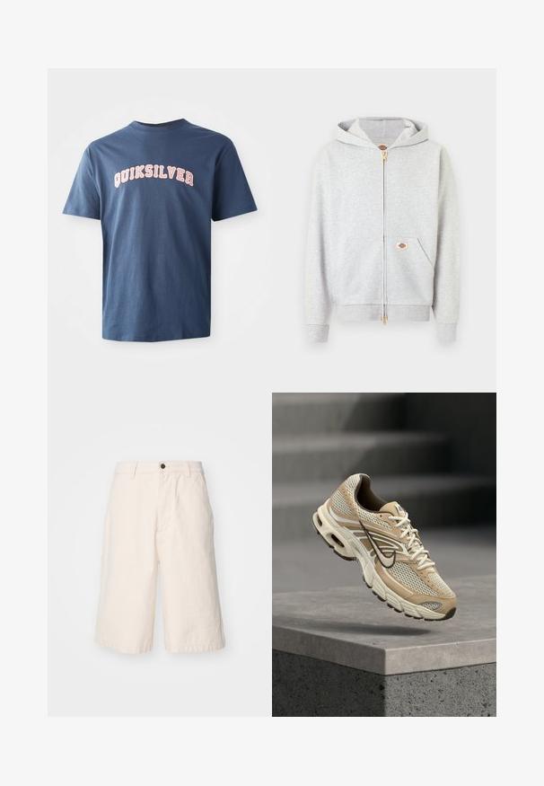 Helehall zip-up dressipluus kuldse luku, ees taskute ning vasaku tasku ja kaela sisemise osa väikese ristküliku kujulise logoga.; Tumedate lühikeste varrukatega T-särk, millel on rinnal valged ja roosad ülikooliliku stiiliga tähed "QUIKSILVER".; Heledad beežid puuvillased lühikesed püksid sirge lõikega, millel on nööbiga sulgemine, küljetaskud ja hem, mis ulatub veidi üle põlve.; Beež ja valge Nike jooksujalats võrkpaneelidega ja musta Swoosh-logoga, hõljumas betoonist äärise kohal, taustal udused trepid.