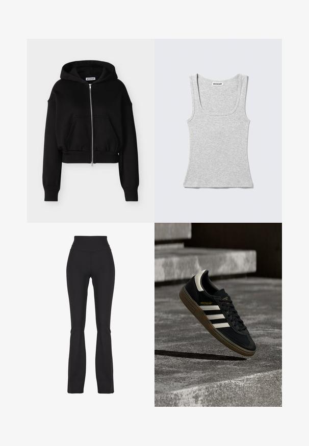 Sort cropped hættetrøje med lynlås, lange ærmer, frontlomme, ribbet kant og ærmer samt hætte.; Lysegrå ribbet ærmeløs tank top med rund halsudskæring og "WEEKDAY"-mærke indeni kraven.; Sorte flared leggings lavet af strækbart stof, med en høj talje og glat tekstur, designet til komfort og bevægelighed.; Sort Adidas-sneaker med hvide striber og gummisåler, svævende over grå betontrapper i naturligt lys.