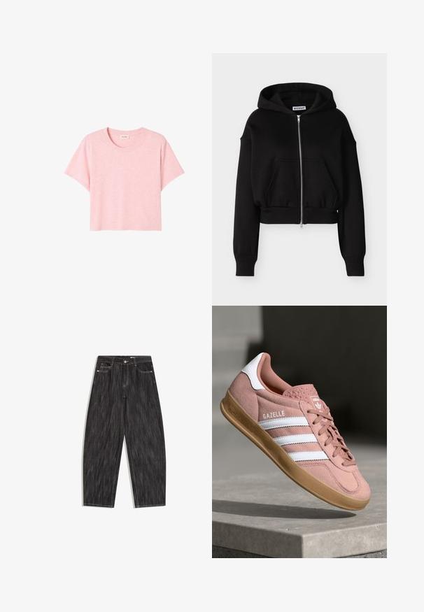 Sort cropped hættetrøje med lynlås, lange ærmer, frontlomme, ribbet kant og ærmer samt hætte.; Rosa, kortærmet T-shirt lavet af blødt stof, med rund halsudskæring og en løs pasform med en subtil meleret struktur.; Sort denimjeans med vidde ben, fem-lomme design, synlige hvide syninger og knaplukning i taljen.; Rosa ruskinds sneaker med hvide striber, gummisål, tekstureret overdel og logo på tungen. Klassisk low-top design.