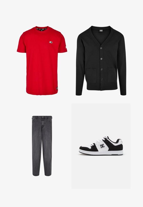Zwarte cardigan van zacht materiaal, met een V-hals, lange mouwen, vijf knopen en twee voorzakken met ribbelafwerking.; Rode katoenen t-shirt met een ronde hals, korte mouwen en een klein zwart logo op de linkerborst en mouw. Glad, effen kleurstof.; Grijze denim jeans, rechtlijnig ontwerp, met vijf zakken, metalen knoopsluiting, subtiele textuur en lichte vervaging door het hele stof.; Zwart-witte sneaker met een combinatie van leren en suède materialen, voorzien van een geperforeerde neus, textuuraccenten en logodetail.