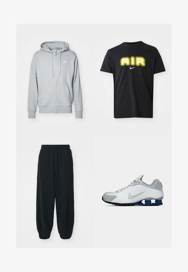 Sudadera gris con cremallera, hecha de una tela suave, con un bolsillo tipo canguro, capucha con cordones y un pequeño logo blanco en el pecho.; Camiseta de algodón negra con un gran gráfico amarillo brillante de "AIR" en un diseño ondulado y un pequeño logo blanco de Nike debajo.; Pantalones de chándal negros con cintura elástica, de corte holgado, con puños en los tobillos, textura suave y sin patrones visibles ni acentos metálicos.; Zapatilla de running Nike en blanco y gris con el swoosh plateado, unidades de suela azul en forma de resorte y banda de rodadura negra sobre un fondo liso.
