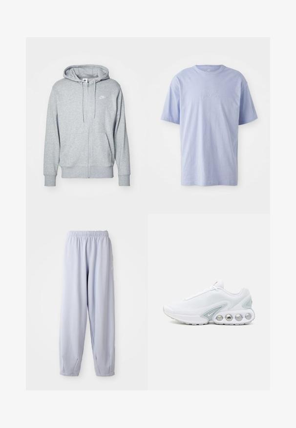 Grau zip-up Hoodie aus weichem Stoff mit einer Kängurutasche, teilschnürbare Kapuze und einem kleinen weißen Logo auf der Brust.; Hellblaues Baumwoll-T-Shirt mit Rundhalsausschnitt und kurzen Ärmeln. Mit einem geprägten "Nike"-Logo auf der Vorderseite in der Mitte. Weicher Stoff.; Helle Lavendel-Jogginghose aus weichem Stoff mit elastischem Bund und gerafften Knöcheln. Verfügt über dezente Markenkennzeichnung an der Seite.; Weißer Mesh-Sneaker mit grauen Akzenten, runder Zehenpartie und sichtbarem, gepolstertem Schuhsohlenbereich mit runden Luftpolstern und Markenlogo.