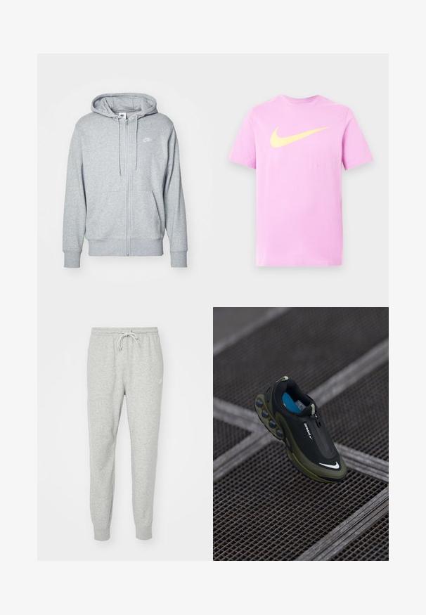 Grau zip-up Hoodie aus weichem Stoff mit einer Kängurutasche, teilschnürbare Kapuze und einem kleinen weißen Logo auf der Brust.; Hellviolettes T-Shirt mit kurzen Ärmeln und einem großen gelben Nike-Swoosh-Logo in der Mitte der Brust.; Graue Sweatpants aus weichem Material mit elastischem Bund, Kordelzug und Rippbündchen. Mit kleinem Logo an der Seite.; Schwarze und olivfarbene Nike Air Max Schuhe mit einem glatten Obermaterial, Reißverschluss und auffälligen Luftpolsterelementen in der Sohle. Blaue Innensohle sichtbar.