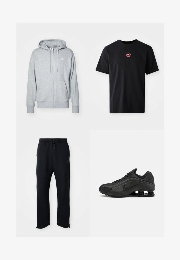Šedá mikina na zips vyrobená z mäkkej tkaniny, s vreckom typu klokanka, kapucňou so šnúrkou a malým bielym logom na hrudi.; Čierne tričko s krátkym rukávom z bavlny, s červeno-bielym šesťuholníkovým logom Nike na hrudi a zaobleným výstrihom.; Čierne športové nohavice s elastickým pásom a šnúrkou, majú postranné vrecká, zúžené nohavice a zipsy na členkoch. Hladká textúra.; Čierne bežecké topánky s hladkým syntetickým zvrškom, perforovanými akcentmi, textúrovanými bočnými panelmi a výraznou pružnou podrážkou.
