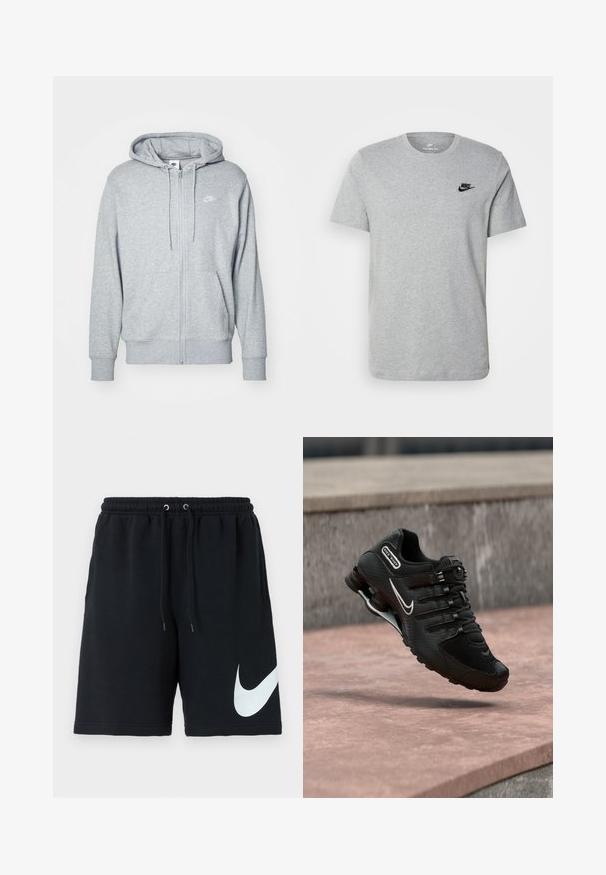 Šedá mikina na zips vyrobená z mäkkej tkaniny, s vreckom typu klokanka, kapucňou so šnúrkou a malým bielym logom na hrudi.; Sivý krátky rukáv T-shirt vyrobený z bavlny, s čiernym logom Nike na hrudi a okrúhlym výstrihom. Minimalistický dizajn bez vzorov.; Čierne bavlnené šortky s elastickým pásom, šnúrkou, bočnými vreckami a veľkým bielym logom Nike potlačeným na ľavej strane.; Čierny bežecký topánok Nike Shox s bielym logom Swoosh, vo vzduchu nad ružovým betónovým povrchom na pozadí sivej kamennej steny.