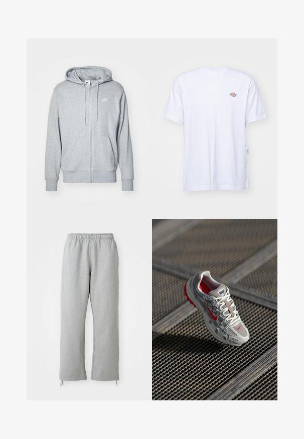 Grijze zip-up hoodie gemaakt van zachte stof met een kangoeroezak, een capuchon met trekkoord en een klein wit logo op de borst.; Witte katoenen t-shirt met een v-hals en korte mouwen. Kenmerkt zich door een klein kleurrijk geborduurd logo op de linkerkant van de borst. Zachte textuur.; Grijze sweatpants met een elastische tailleband, rechte pijpen en trekkoordaccenten aan de zoom. Gemaakt van zachte, gestructureerde stof.; Nike hardloopschoen met een grijze mesh bovenkant, rode accenten en een gestructureerde witte zool. Veters zijn wit met zilveren hardware om aan te spannen.