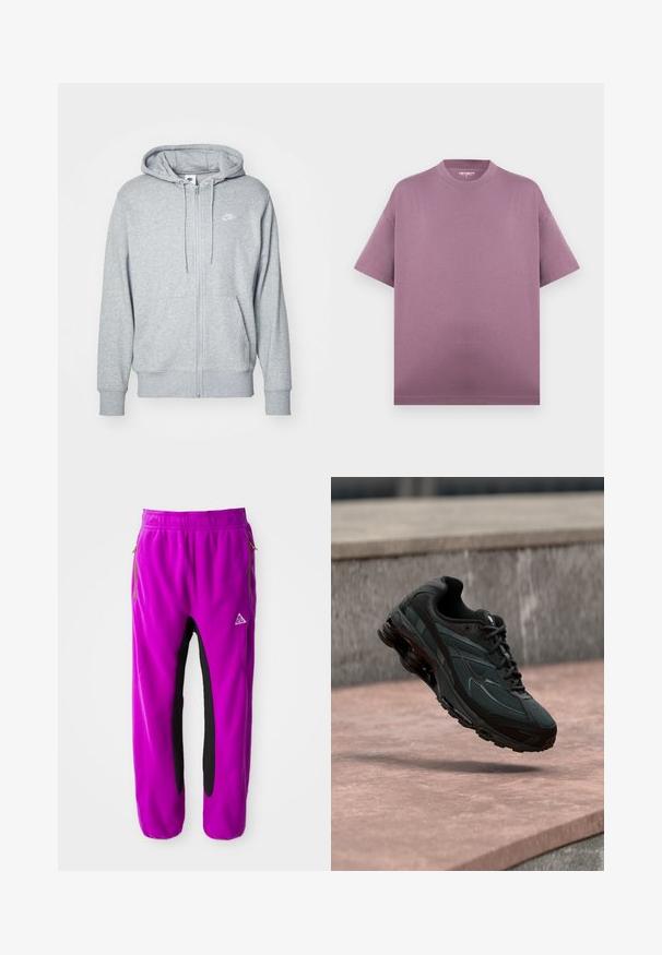 Hallhalli halli, mis on valmistatud pehmest kangast, kängurupocketiga, nööriga kapuutsiga ja väikese valge logoga rinnal.; Lühikeste varrukatega oversize lahtise kraega T-särk summutatud mauve-toonis, ilma nähtavate graafikate või mustriteta, ühtlase taustaga.; Lilla fliispüksid mustade küljeaktsentidega, mis on varustatud tõmblukkudega taskute ja brodeeritud logoga. Elastne vöökoht tagab kindla istuvuse.; Must sportlik toss nähtava õhkpadi keskmise tallaga, hõljudes roosa kivipinna kohal, mille taustal on hall kivimüür.