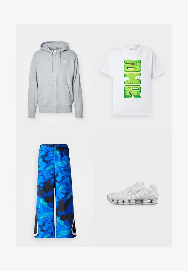 Šedá mikina na zips vyrobená z mäkkej tkaniny, s vreckom typu klokanka, kapucňou so šnúrkou a malým bielym logom na hrudi.; Biele tričko s krátkym rukávom so zeleným veľkým 3D nápisom "AIR" a malým čiernym logom Nike Swoosh uprostred prednej strany.; Modré a čierne široké nohavice s abstraktným vzorom, s elastickým pásom a zipsovými bočnými vreckami na jednoduchom pozadí.; Biela bežecká obuv Nike s viditeľnou vzduchom odpruženou podrážkou a strieborným logom Swoosh na boku, zobrazená z vonkajšej strany.