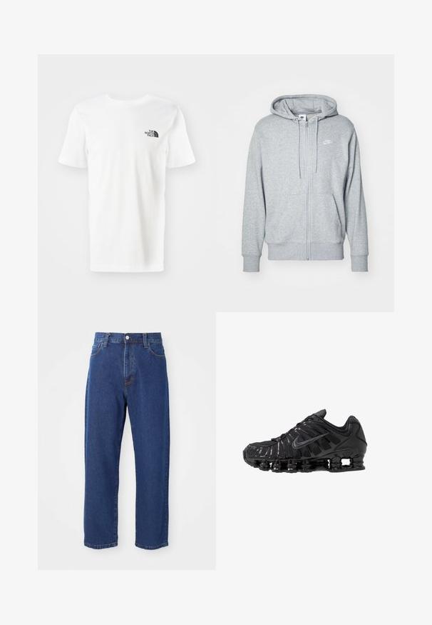Grijze zip-up hoodie gemaakt van zachte stof met een kangoeroezak, een capuchon met trekkoord en een klein wit logo op de borst.; Witte t-shirt met korte mouwen, gemaakt van katoen. Heeft een klein zwart logo op de linkerborst. Rechte zoom en ronde hals.; Hoge taille blauwe jeans van denim, met een rechte pijp silhouet, zichtbare stiksels en een sluiting met een voorknoop.; Zwarte sportschoenen gemaakt van mesh en synthetische materialen, met een opvallend golvend ontwerp, zwarte rubberen zool en reflecterende accenten.
