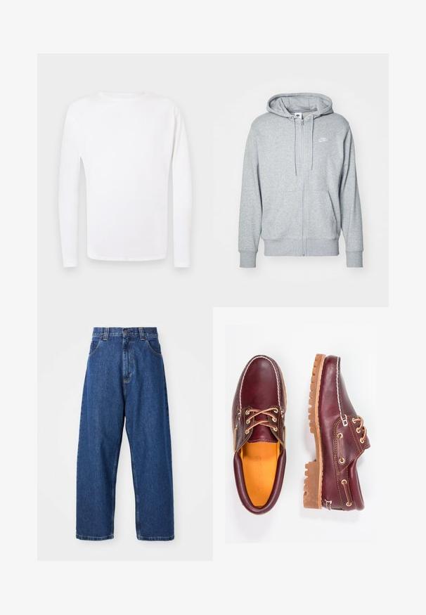 Sudadera gris con cremallera, hecha de una tela suave, con un bolsillo tipo canguro, capucha con cordones y un pequeño logo blanco en el pecho.; Camisa de manga larga blanca de cuello redondo mostrada plana sobre un fondo gris claro.; Jeans de pierna ancha de denim en azul oscuro. Presentan una cintura alta, trabillas para cinturón y un diseño clásico de cinco bolsillos. Bajo cosido con un acabado limpio.; Zapatos de cuero burdeos con suelas de goma marrón, puntera redonda, costuras blancas y ojales dorados. El interior cuenta con un forro amarillo.