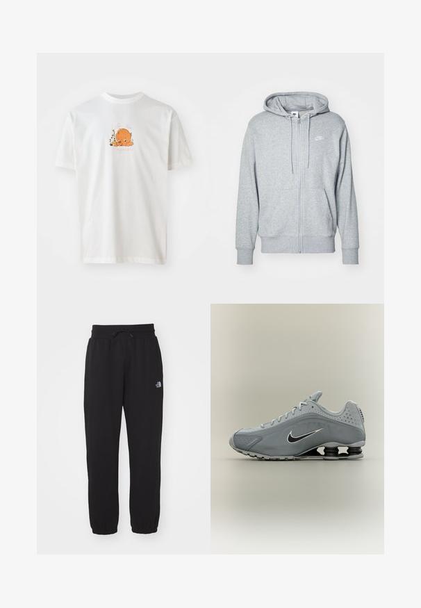 Grå zip-up hættetrøje lavet af blødt stof med en kangaroo-lomme, snørrelukning og et lille hvidt logo på brystet.; Hvid bomulds t-shirt med rund halsudskæring. Forsiden viser en orange tegneseriefigur omgivet af blomster og tekst i pink.; Sorte sweatpants lavet af blødt stof, med en elastisk talje med snor, manchetter ved anklerne og et lille logo på det øverste lår.; Grå Nike sportssko med sort og hvid Swoosh-logo, snørelukning og unik fjederlignende støddæmpning i hælområdet på sålen.