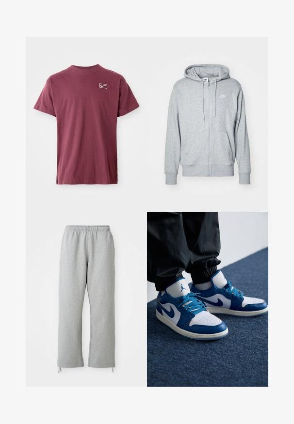 Šedá mikina na zips vyrobená z mäkkej tkaniny, s vreckom typu klokanka, kapucňou so šnúrkou a malým bielym logom na hrudi.; Bordová krátkorsá časť trička s okrúhlym výstrihom a malým bielym logom Nike vo forme „swoosh“ vo vnútri zaobleného obdĺžnika na ľavej hrudi.; Sivé tepláky s elastickým pásom, rovným strihom a šnúrkami na leme. Vyrobené z mäkkej, textúrovanej látky.; Nike Air Jordan tenisky majú bielu koženú základňu s modrými syntetickými akcentmi, perforovanou špičkou a modrými šnúrkami.