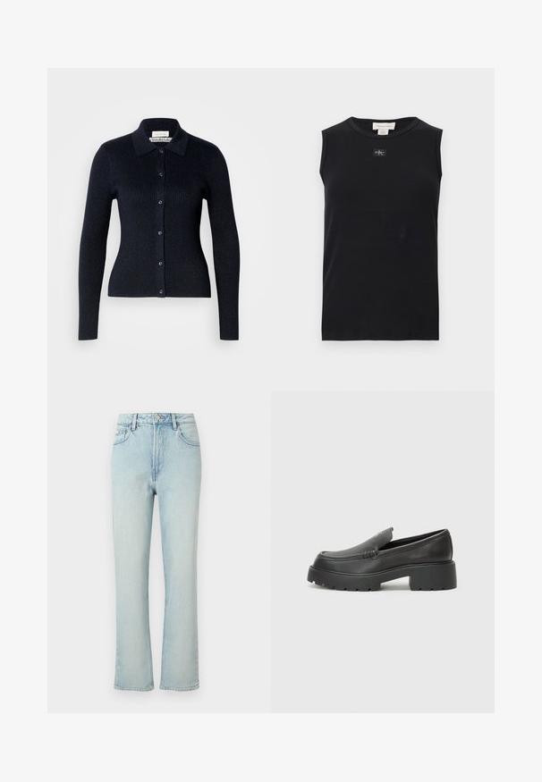 Cardigan côtelé bleu marine avec un col, des manches longues et une fermeture à boutons. Fabriqué dans un matériau doux avec un léger éclat.; Débardeur côtelé noir sans manches avec encolure ronde et petite écusson du logo Calvin Klein centré sous le col.; Jean bleu clair taille haute à jambes droites avec bouton avant, passants de ceinture et design classique à cinq poches sur fond uni.; Mocassins en cuir noir avec un bout arrondi, une semelle épaisse et texturée, et des détails de couture minimalistes. Design épuré sans lacets ni métal visibles.