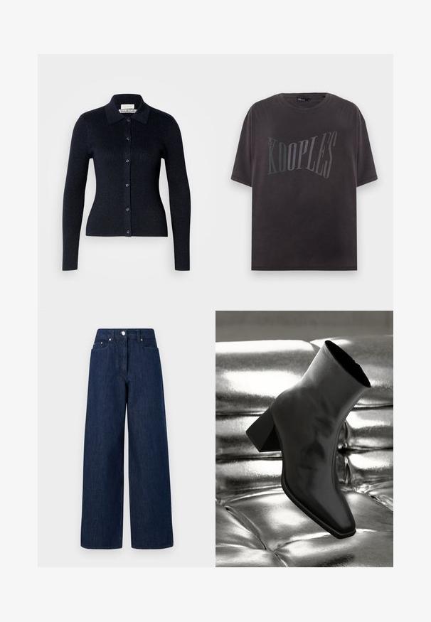 Marinblå ribbet cardigan med krave, lange ærmer og knaplukning. Fremstillet af blødt materiale med en subtil glans.; Sort kortærmet t-shirt med teksten "THE KOOPLES" trykt i store, falmede bogstaver over brystet.; Højtaljede, mørkeblå vidde jeans med knaplukning, forlommer og bæltestropper på hvid baggrund.; Sorte ankelstøvler lavet af glossy materiale med firkantet tå og spidse hæle, sat mod en skinnende sølv tuftet baggrund.