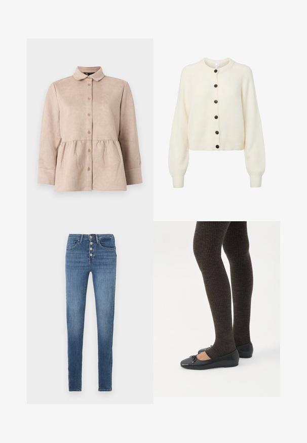 Blød hvid strikket cardigan med lange ærmer, ribbede manchetter og kant, samt seks mørke knapper ned langs midten foran.; Beige ruskindskjorte med krave, knaplukning foran og peplum talje. Har lange ærmer og en glat tekstur med små knapper.; Smaltsiddende jeans i mediumblåt denim, med høj talje, lukning med fem knapper og minimal falming eller slid.; Ben iført mørke ribbede leggings kombineret med sorte balletsko med små sløjfedetaljer på hvid baggrund.