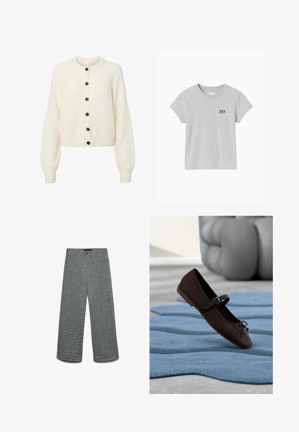 Blød hvid strikket cardigan med lange ærmer, ribbede manchetter og kant, samt seks mørke knapper ned langs midten foran.; Lysegrå kortærmet bomulds-T-shirt med rund hals og lille mørkerødt "GAP"-logo på venstre bryst.; Bukser med vide ben i et tekstureret gråt strikket stof. Har en høj talje og lige ben, hvilket giver en afslappet pasform hele vejen.; Mørkebrun Mary Jane-flad sko med spænde og sløjfedetalje, der hviler på en bølget blå tekstureret tæppe med grå polstret sofa i baggrunden.