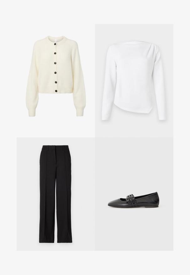 Zachte witte gebreide cardigan met lange mouwen, geribde manchetten en zoom, en zes donkere knopen in het midden van de voorkant.; Witte blouse met lange mouwen, boothals en licht asymmetrische zoom, getoond op een effen lichte achtergrond.; Zwarte broeken met een recht design, voorzien van twee plooien aan de voorkant, een tailleband en zonder zichtbare zakken of versieringen.; Zwarte platte schoen met een spitse neus, gemaakt van glad leer. Bevat drie decoratieve banden met gespen over de wreef.