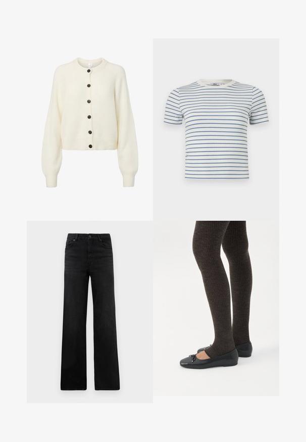 Blød hvid strikket cardigan med lange ærmer, ribbede manchetter og kant, samt seks mørke knapper ned langs midten foran.; Hvid kortærmet ribstrikket T-shirt med tynde, vandrette blå striber og rund halsudskæring.; Sorte denim bukser med vid ben og en klassisk fem-lomme-design, der inkluderer en knaplukning og subtil tekstur. Rene linjer og minimal pynt.; Ben iført mørke ribbede leggings kombineret med sorte balletsko med små sløjfedetaljer på hvid baggrund.