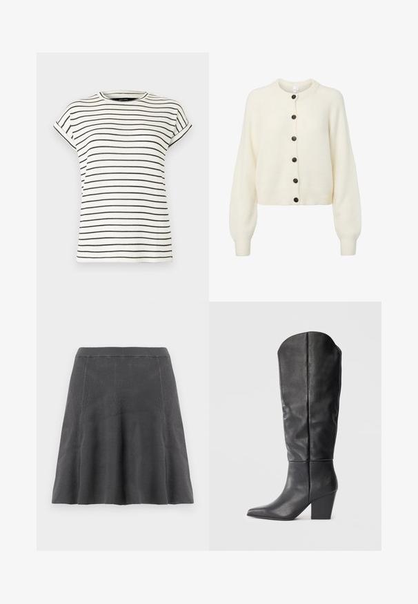 Cardigan doux blanc en tricot avec des manches longues, des bords côtelés aux poignets et à l'ourlet, et six boutons foncés sur le devant.; T-shirt blanc à manches courtes avec des rayures noires verticales, col rond et poignets repliés aux manches. Tissu en maille douce.; Jupe trapèze en maille grise avec texture côtelée, taille ajustée et ourlet évasé, offrant une silhouette fluide et un design décontracté.; Bottes noires en cuir, montant jusqu'au genou, avec un bout pointu et un talon épais. Le design présente une texture lisse et des lignes minimalistes.