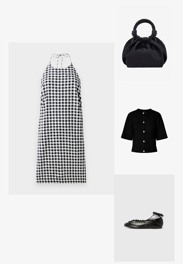 Sort strikket cardigan med rund halsudskæring, korte ærmer og fem lyserøde knapper ned foran. Har en ribstrikket struktur.; Halterneck kjole i sort og hvid ternet mønster, med en afslappet pasform og bånd bag på nakken. Letvægtsstof.; Sorte balletflade sko i laklæder med rundet tå, snørelukning og flad sål. Glat tekstur med få detaljer.; Sort blød stofhåndtaske med samlet top og afrundede håndtag knyttet ved bunden mod en ensartet lys baggrund.