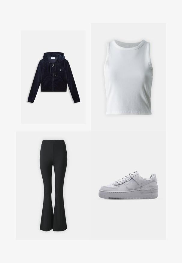 Mørkeblå cropped hoodie fremstillet af blød velour, med en frontlynlås, snoretræk og frontlommer, samt et lille logo på brystet.; Hvid ribbet tanktop med rund halsudskæring og ærmeløs design, med en lige kant og en glat, strækbar tekstur.; Sorte buks med flared design lavet af strækbart stof. Har en høj talje og et glat, tætsiddende design, der flared ud fra knæet og ned.; Grå Nike Air Force 1 sneakers med perforeret tå, glat læderoverdel, tyk sål og præget 'AIR' detalje på hælen.