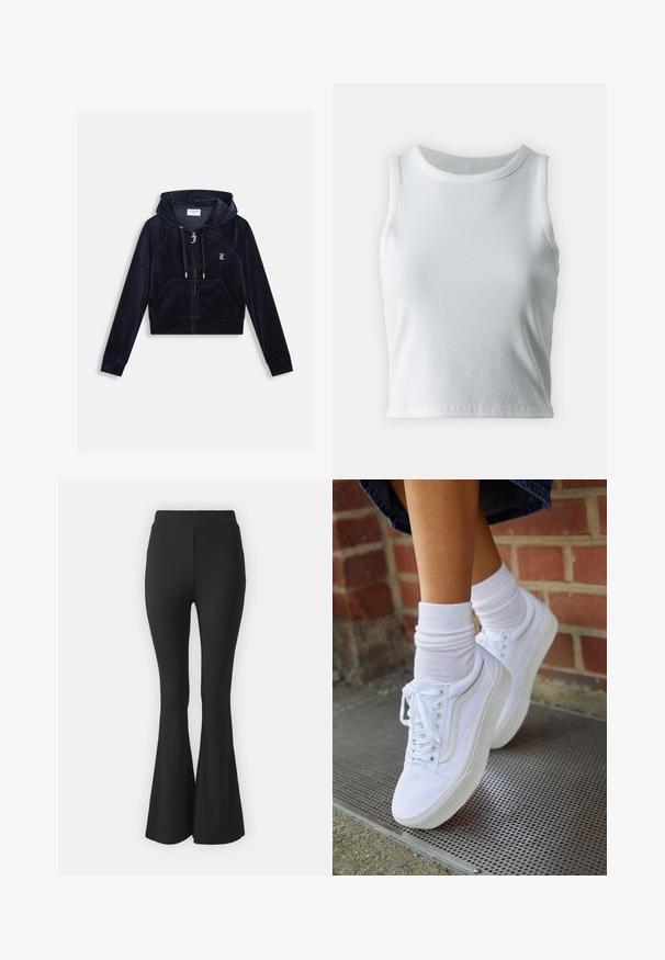 Μπλε ναυτικό cropped hoodie από μαλακό βελούδο, με μπροστινό φερμουάρ, κορδόνι και μπροστινές τσέπες, με μικρό λογότυπο στο στήθος.; Λευκό ριμπ κλασικό γιλέκο με στρογγυλή λαιμόκοψη και χωρίς μανίκια, που διαθέτει ευθεία αιθάλη και λεία, ελαστική υφή.; Μαύρο φαρδύ παντελόνι από ελαστικό υλικό. Διαθέτει ψηλή μέση και μια απλή, εφαρμοστή σχεδίαση που ανοίγει από το γόνατο και κάτω.; Λευκά καμβά παπούτσια με καουτσούκ σόλες, που διαθέτουν έξι τρυπούλες, στρογγυλή μύτη και λεπτομέρειες από ελαφριά ραφή, σε συνδυασμό με λευκές κάλτσες μέχρι τον αστράγαλο.