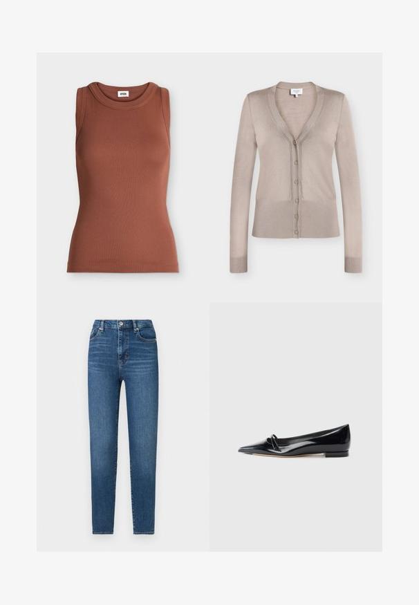 Cardigan beige à manches longues avec col en V, fermeture boutonnée devant, poignets et bord-côte à la base, présenté sur fond blanc.; Débardeur marron slim fit en côtes sans manches avec encolure ronde et étiquette de marque à l’intérieur du col.; Jean slim taille haute bleu avec fermeture devant par bouton et zip, passants pour ceinture et design cinq poches.; Chaussure plate en cuir verni noir avec un bout pointu, une petite lanière décorative et un petit talon carré. Texture lisse et design épuré.