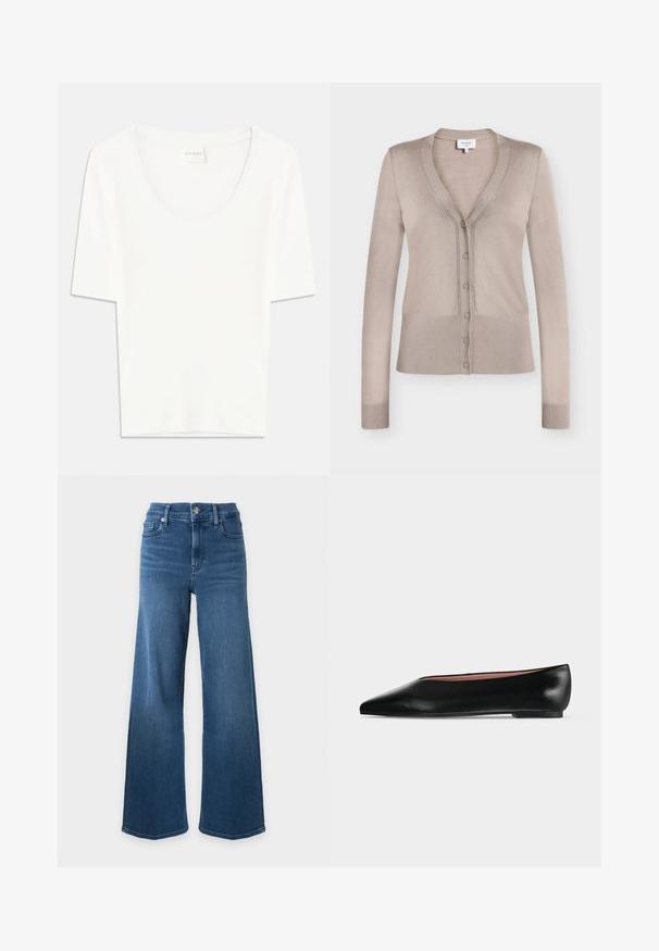 Beige Strickjacke mit langen Ärmeln, V-Ausschnitt, durchgehender Knopfleiste, geripptem Bündchen und Saum, auf weißem Hintergrund dargestellt.; Weißes T-Shirt mit kurzen Ärmeln und rundem Ausschnitt. Hergestellt aus weichem Baumwollstoff, bietet es einen lässigen Schnitt und ein minimalistisches Design.; Blaue High-Waist-Jeans mit weitem Bein, Knopf- und Reißverschluss vorne und klassischem Fünf-Taschen-Design auf weißem Hintergrund.; Schwarzer flacher Damenleder-Schuh mit spitzer Kappe und niedrigem Absatz, von der Seite auf einfarbigem hellgrauem Hintergrund gezeigt.
