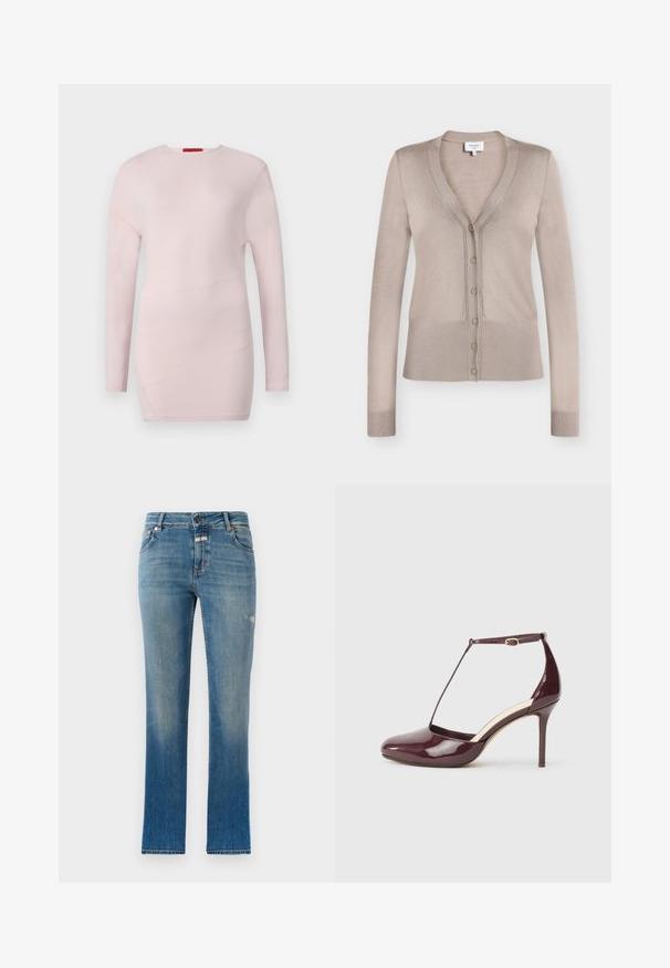 Cardigan beige à manches longues avec col en V, fermeture boutonnée devant, poignets et bord-côte à la base, présenté sur fond blanc.; Haut rose clair à manches longues avec un col rond, présentant des détails de couture diagonale et une texture lisse.; Jean droit bleu clair en denim. Présente une taille mi-haute, des poches avant et un léger effet usé sur le tissu.; Chaussure à talon haut en cuir verni bordeaux avec bout pointu, boucle sur la bride de cheville et détail de bride en T sur fond neutre.