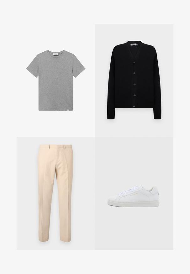 Schwarzer V-Ausschnitt-Cardigan mit langen Ärmeln und fünf Vorderknöpfen, mit gerippten Bündchen und Saum, auf einem schlichten hellen Hintergrund präsentiert.; Graues kurzärmeliges T-Shirt aus einem Baumwoll-Mischgewebe. Es verfügt über einen runden Halsausschnitt und ein kleines Logodetail auf der linken Vorderseite.; Beige Slim-Fit-Hose mit Gürtelschlaufen, vorderem Reißverschluss und Bügelfalte, präsentiert vor einem hellgrauen Hintergrund.; Weiße Leder-Sneaker mit niedrigem Schnitt, runder Zehenpartie, flachen Schnürsenkeln, strukturierter Sohle und dezentem goldfarbenem Markenlogo an der Seite. Glatte Oberfläche und minimalistisches Design.