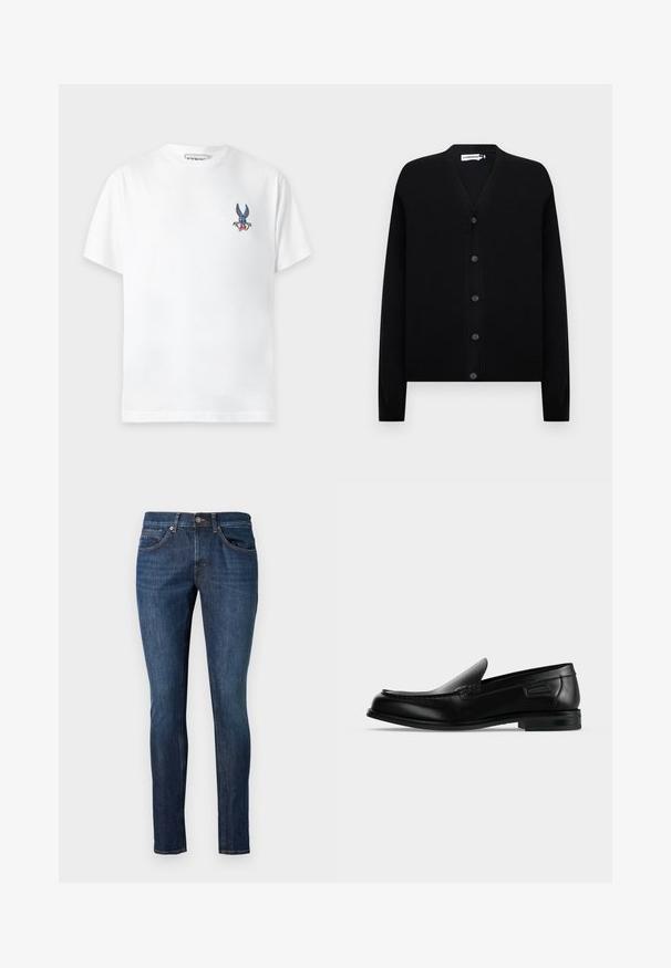 Cardigan noir à col en V avec manches longues et cinq boutons sur le devant, poignets et ourlet côtelés, présenté sur un fond clair uni.; T-shirt blanc à manches courtes avec un petit dessin coloré du visage de Bugs Bunny sur le côté gauche de la poitrine et un col rond.; Jean en denim bleu foncé à coupe slim, avec cinq poches et des coutures contrastées. Le tissu a une texture lisse et un léger éclat.; Mocassin noir en cuir à enfiler avec un petit talon, un bout arrondi et des surpiqûres décoratives le long du bord supérieur.